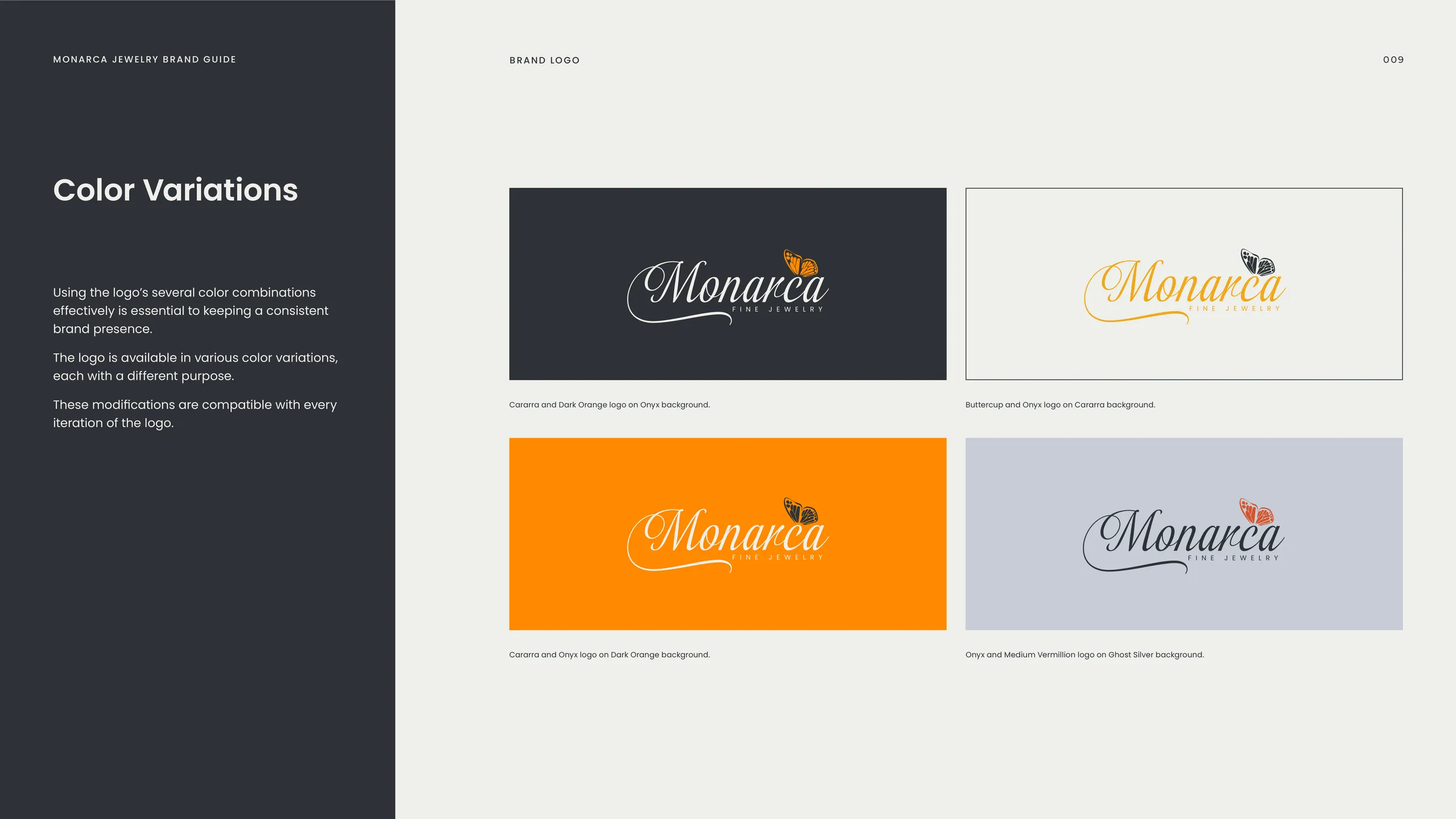 Monarca Jewelry packaging and stationery in an amber-to-charcoal palette